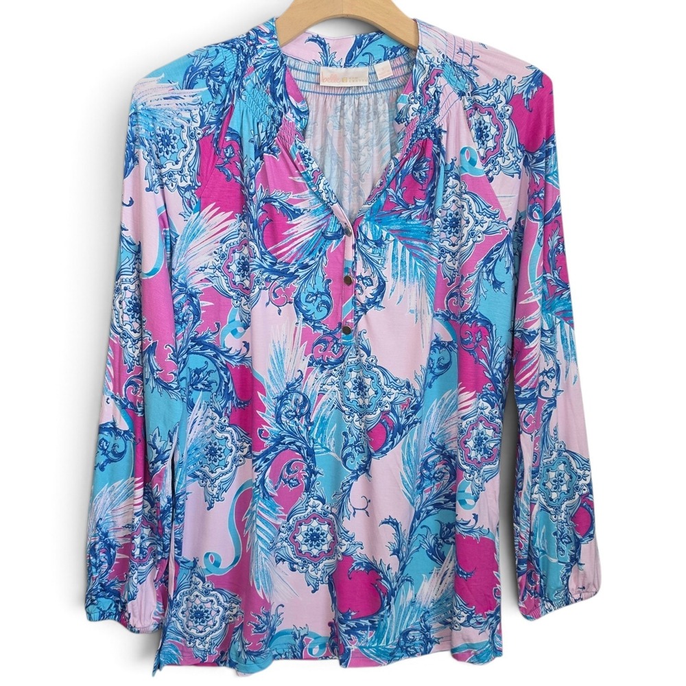 Belle by Kim Gravel Top Womens Small Pink Floral Medallion Oversized Peasant